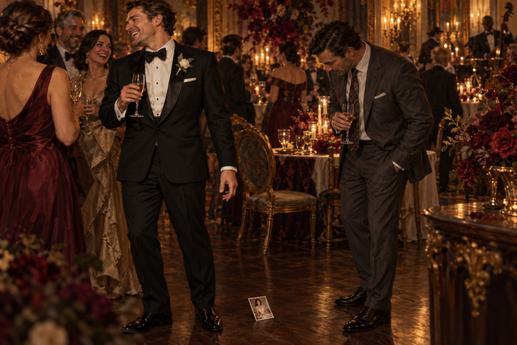 Illustration of a groom laughing with wedding guests, unaware that another man is looking at a private bridal portrait he dropped.